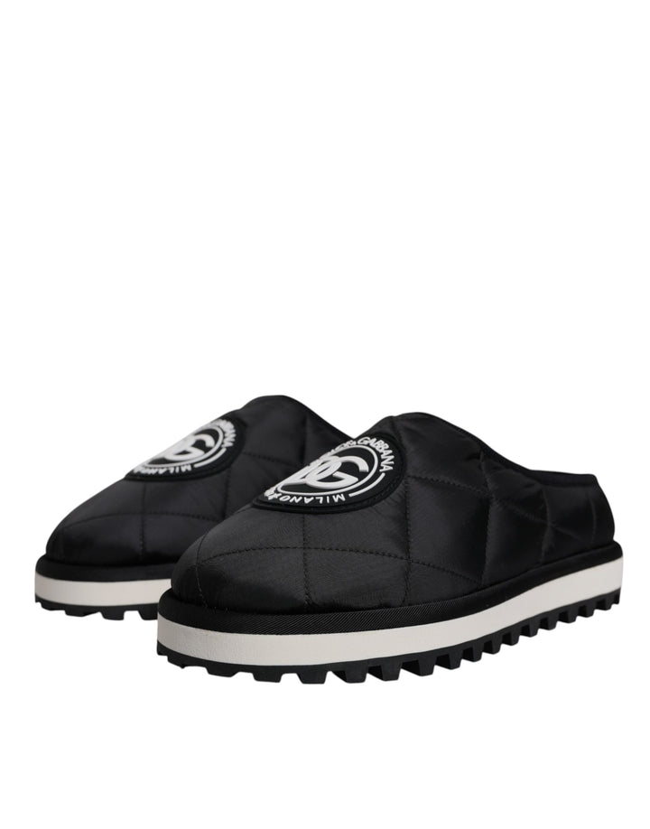 Dolce &amp; Gabbana Black Nylon Quilted Logo Patch Sandals Slides Shoes