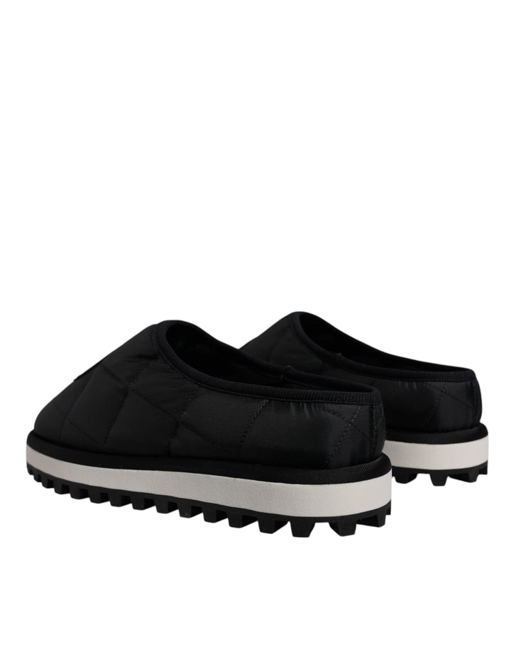 Dolce &amp; Gabbana Black Nylon Quilted Logo Patch Sandals Slides Shoes