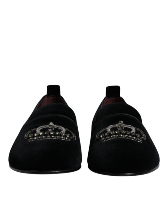 Mocassins Dolce &amp; Gabbana en velours noir avec couronne en cristal