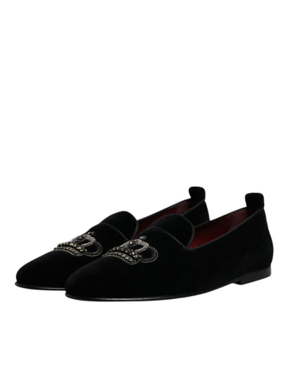 Mocassins Dolce &amp; Gabbana en velours noir avec couronne en cristal