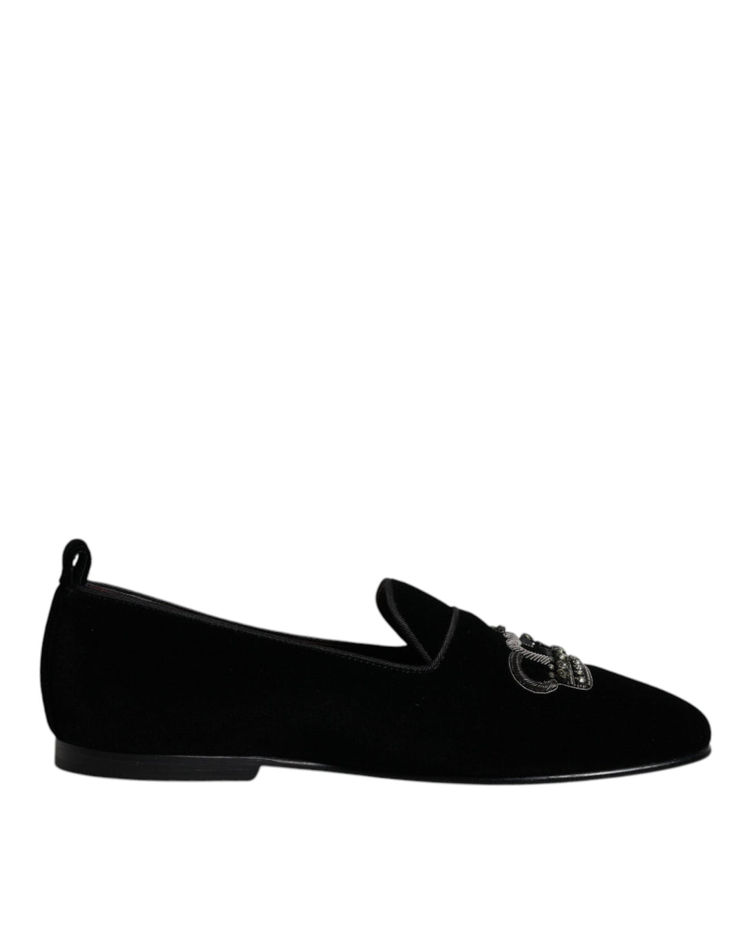 Dolce &amp; Gabbana Black Velvet Crystal Crown Loafers Formal Dress Shoes