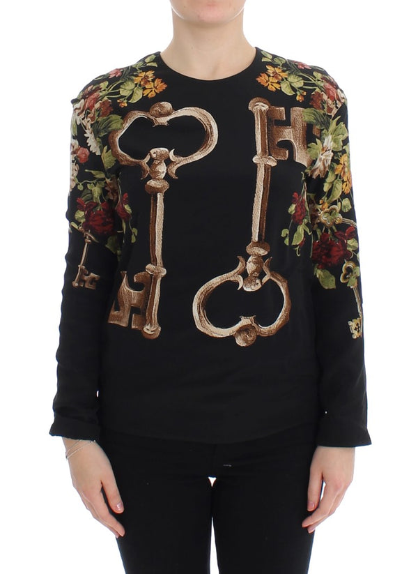 Dolce & Gabbana - Black Key Floral Print Silk Blouse Top