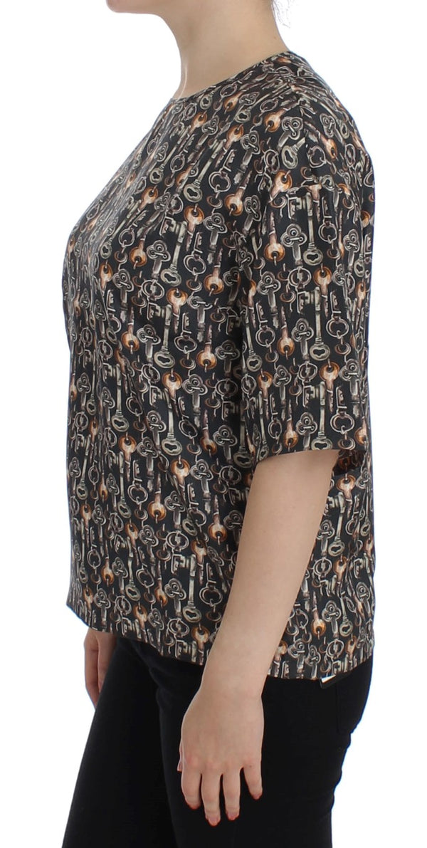 Dolce & Gabbana - Gray Gold Key Print Silk Blouse T-shirt