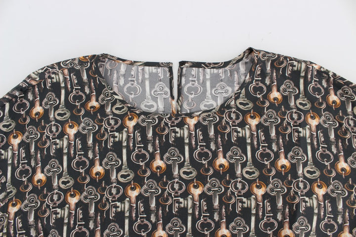 Dolce &amp; Gabbana Gray Gold Key Print Silk Blouse T-shirt