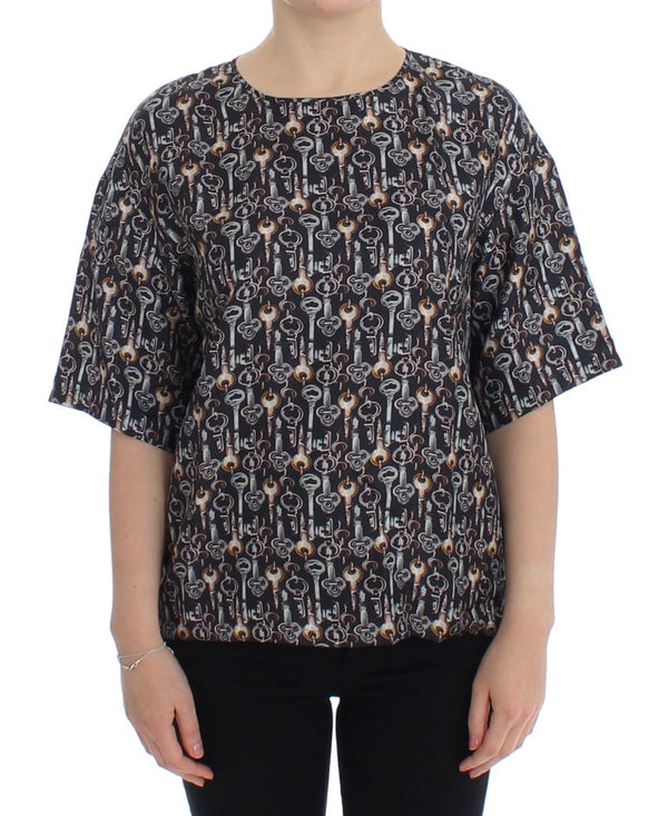 Dolce & Gabbana - Gray Gold Key Print Silk Blouse T-shirt