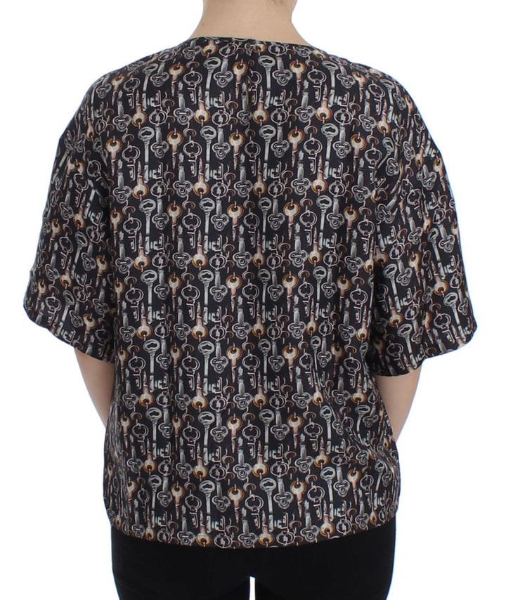 Dolce &amp; Gabbana Gray Gold Key Print Silk Blouse T-shirt