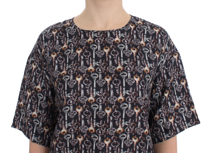 Dolce &amp; Gabbana Gray Gold Key Print Silk Blouse T-shirt