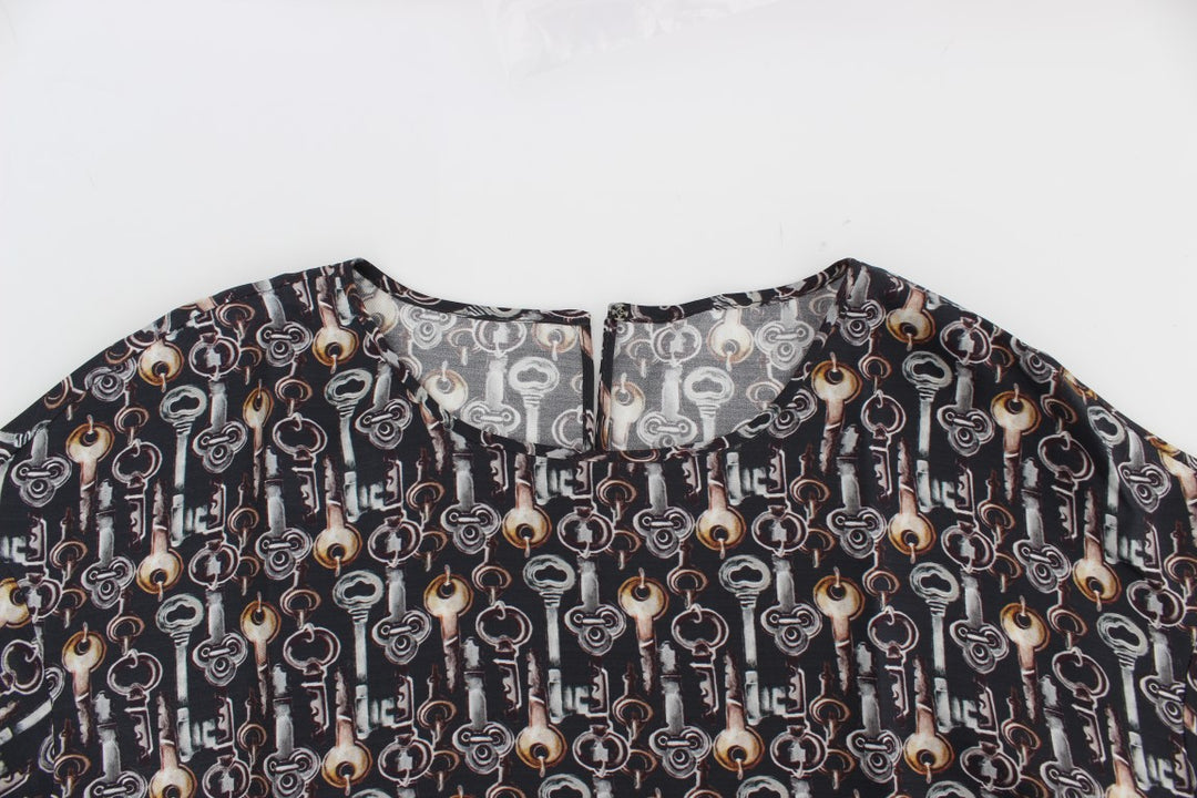 Dolce &amp; Gabbana Gray Gold Key Print Silk Blouse T-shirt