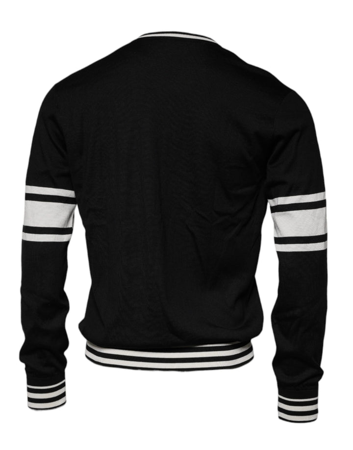 Dolce &amp; Gabbana Black White Guitar Silk Crew Neck Sweater