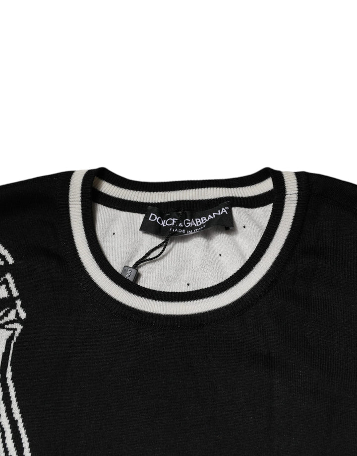Dolce &amp; Gabbana Black White Guitar Silk Crew Neck Sweater