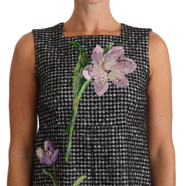 Dolce & Gabbana Gray Houndstooth Floral Appliqué Shift Mini Dress women’s dress