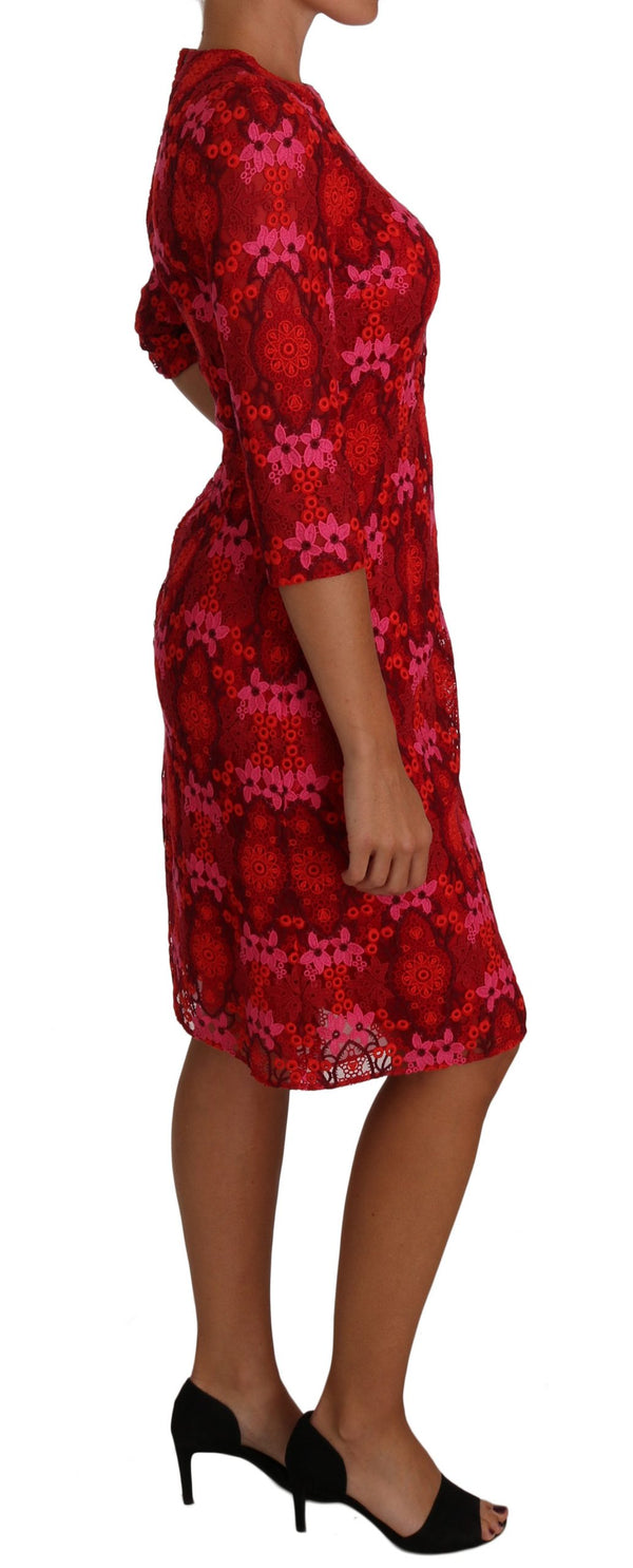 Dolce & Gabbana Floral Crochet Lace Red Pink Sheath Dress women’s dress