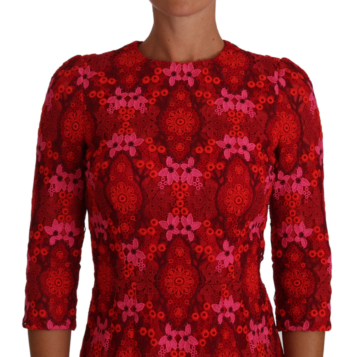 Dolce &amp; Gabbana Floral Crochet Lace Red Pink Sheath Dress women’s dress