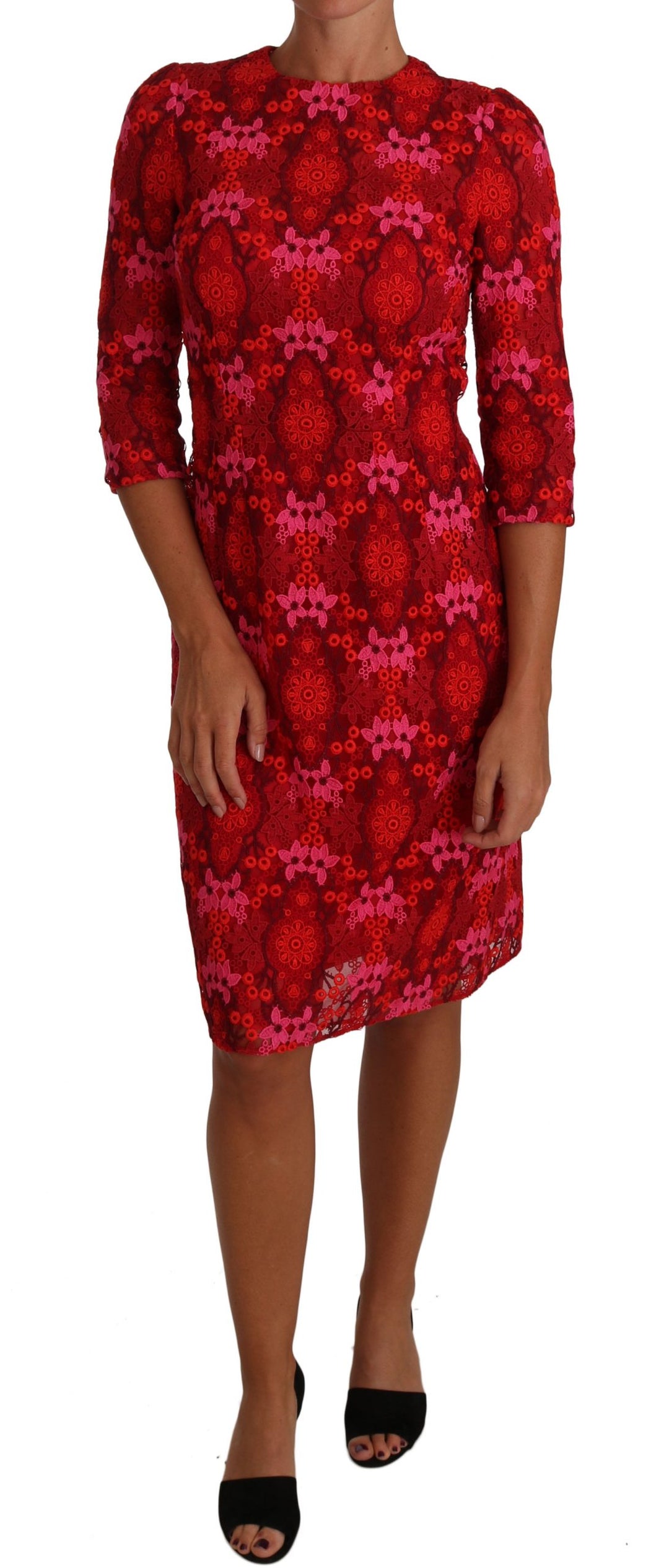 Dolce &amp; Gabbana Floral Crochet Lace Red Pink Sheath Dress women’s dress