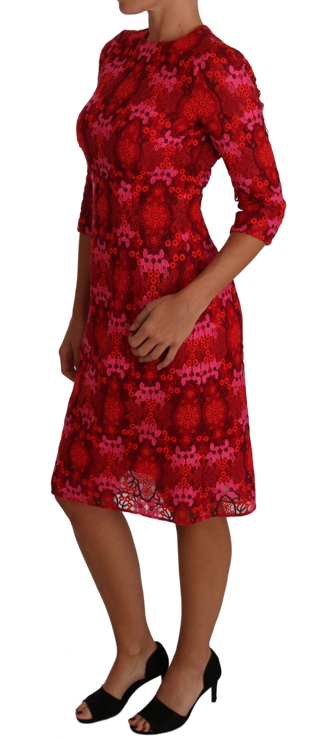 Dolce &amp; Gabbana Floral Crochet Lace Red Pink Sheath Dress women’s dress