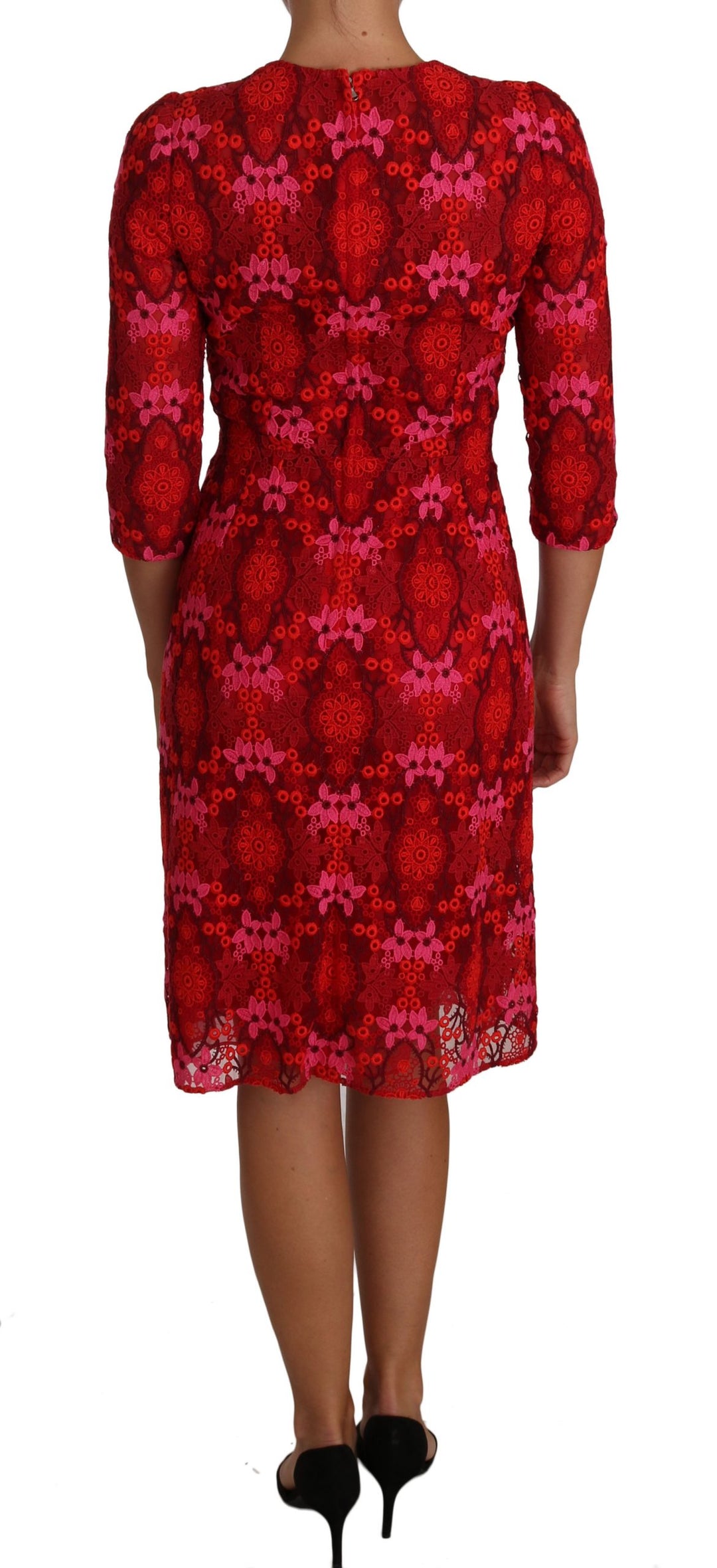 Dolce &amp; Gabbana Floral Crochet Lace Red Pink Sheath Dress women’s dress