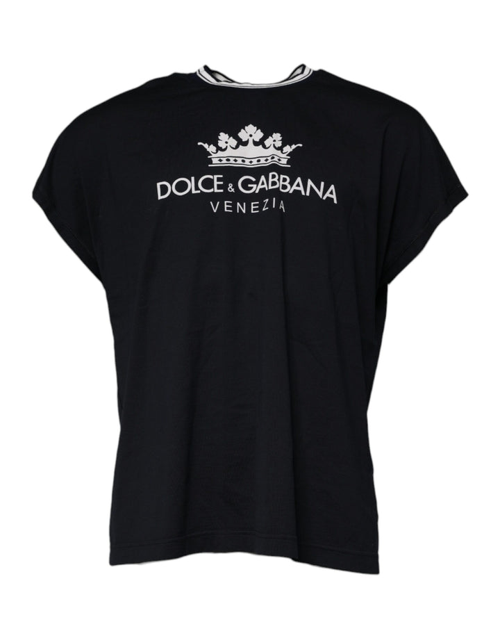 Dolce &amp; Gabbana Dark Blue Logo Crown Cotton Crew Neck T-shirt