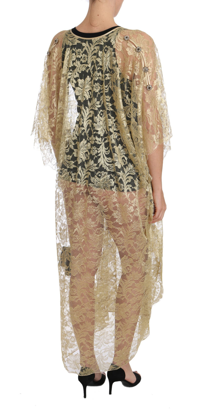 Dolce &amp; Gabbana Gold Floral Lace Crystal Gown Cape Dress women’s dress