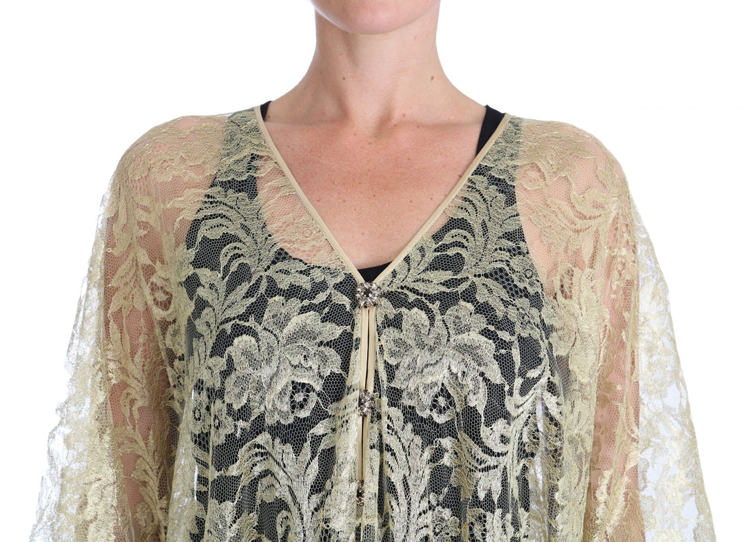 Dolce &amp; Gabbana Gold Floral Lace Crystal Gown Cape Dress women’s dress