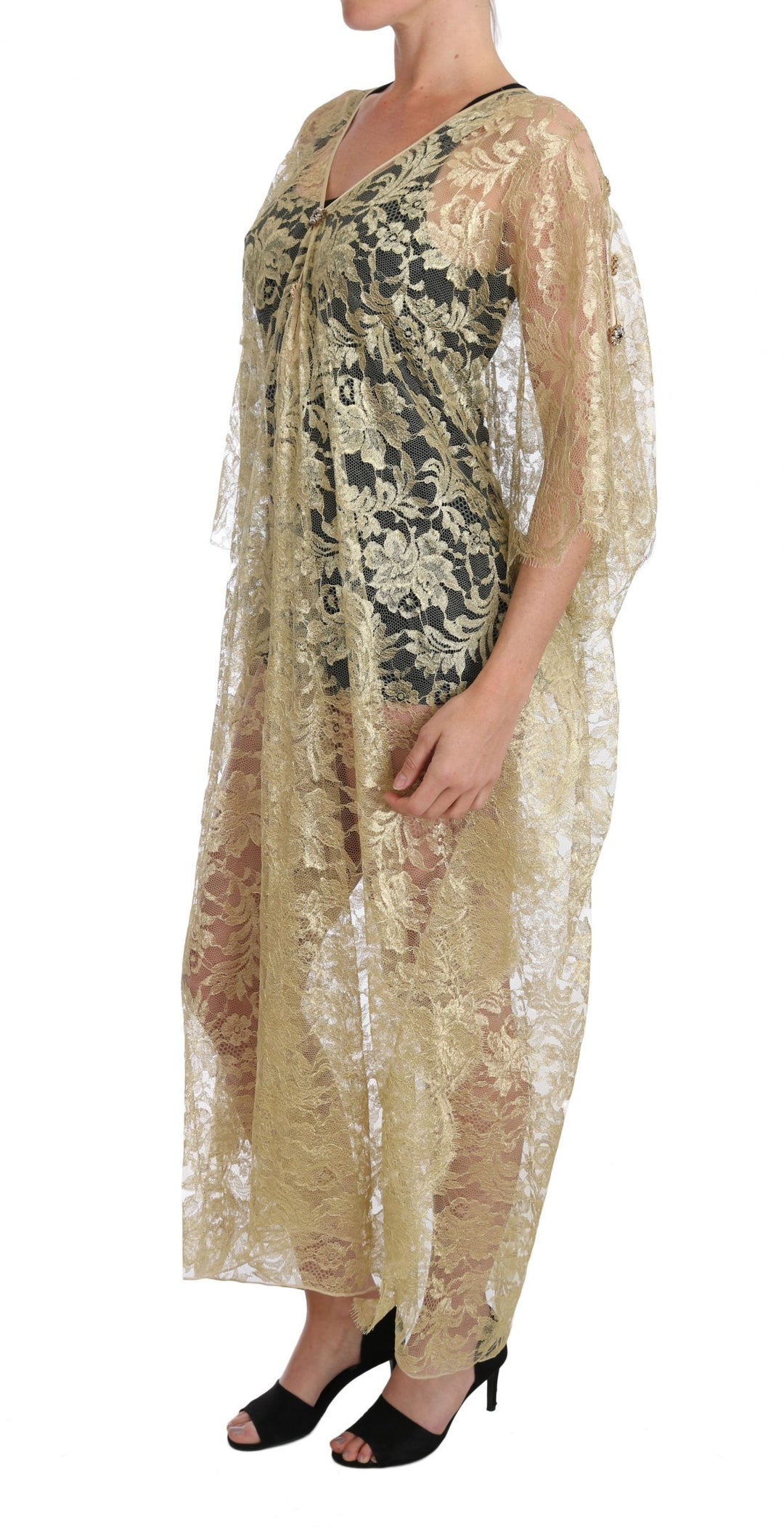 Dolce &amp; Gabbana Gold Floral Lace Crystal Gown Cape Dress women’s dress