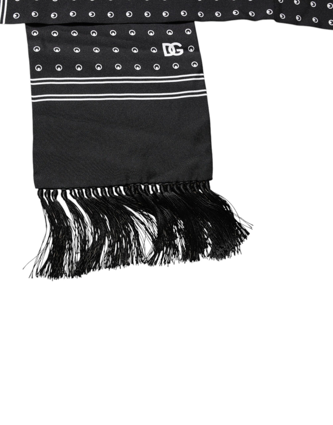 Dolce &amp; Gabbana Black White Polka Dotted Silk Skinny Fringes Scarf