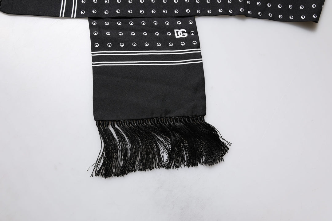 Dolce &amp; Gabbana Black White Polka Dotted Silk Skinny Fringes Scarf