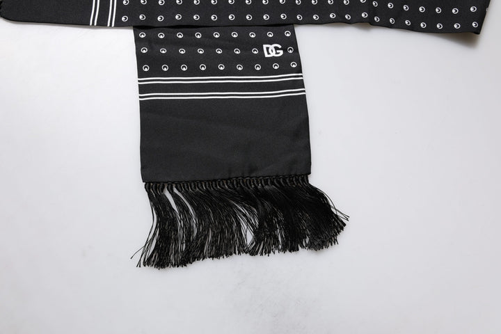 Dolce &amp; Gabbana Black White Polka Dotted Silk Skinny Fringes Scarf
