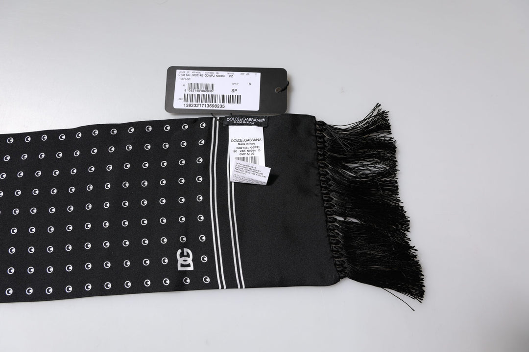 Dolce &amp; Gabbana Black White Polka Dotted Silk Skinny Fringes Scarf