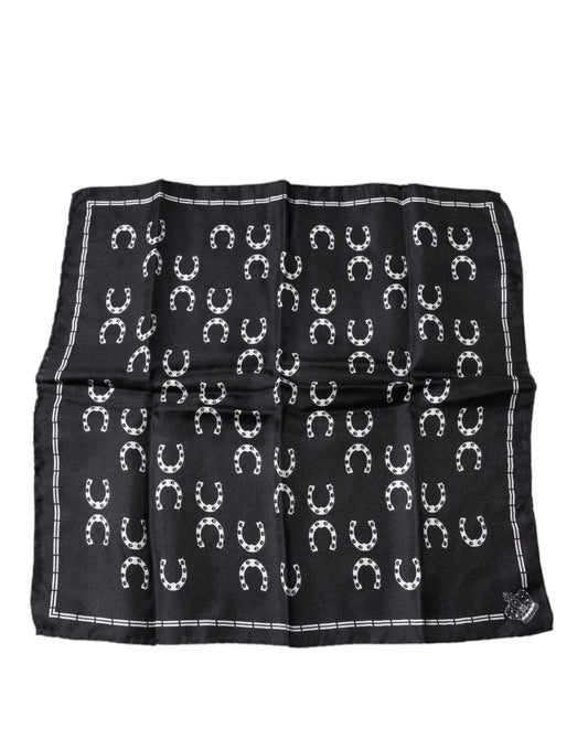 Dolce & Gabbana Black Horseshoe Silk Square Handkerchief Scarf