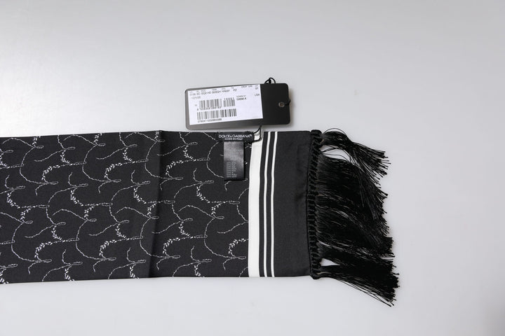 Dolce &amp; Gabbana Black Patterned Skinny Fringes Shawl Scarf
