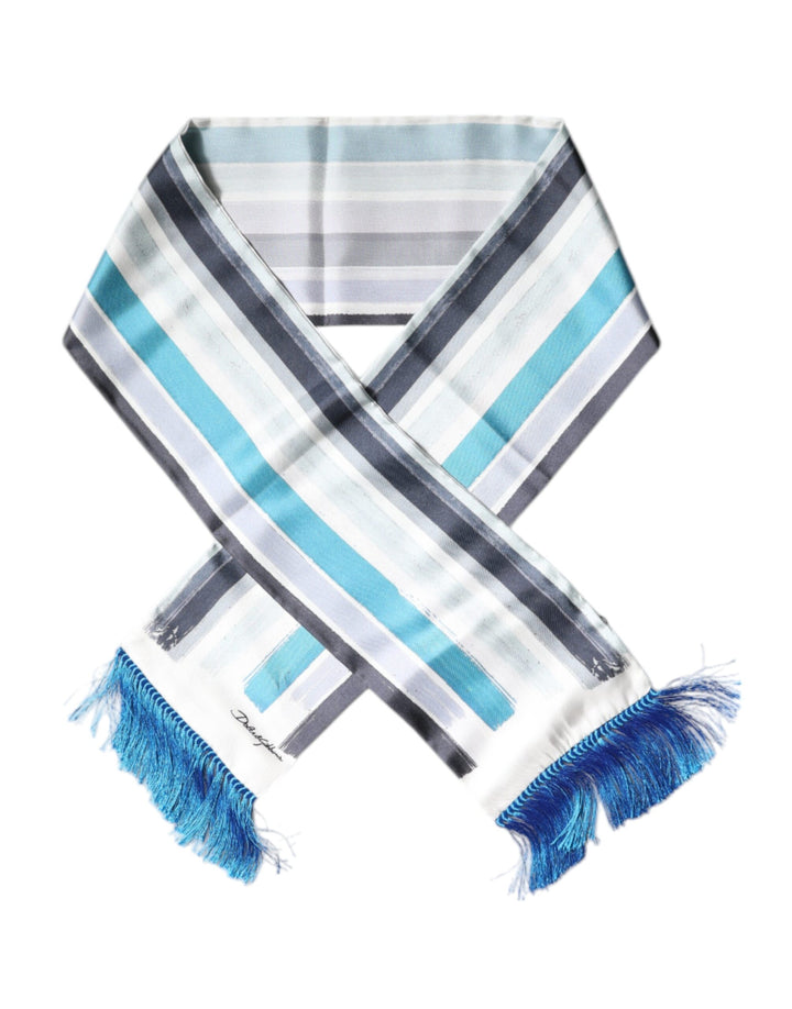 Dolce &amp; Gabbana White Blue Stripes Silk Fringes Wrap Scarf