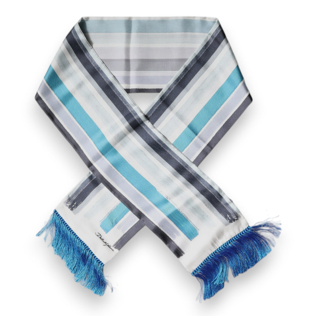 Dolce &amp; Gabbana White Blue Stripes Silk Fringes Wrap Scarf