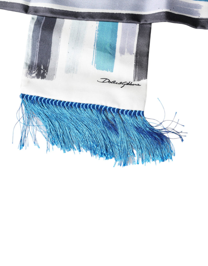 Dolce &amp; Gabbana White Blue Stripes Silk Fringes Wrap Scarf