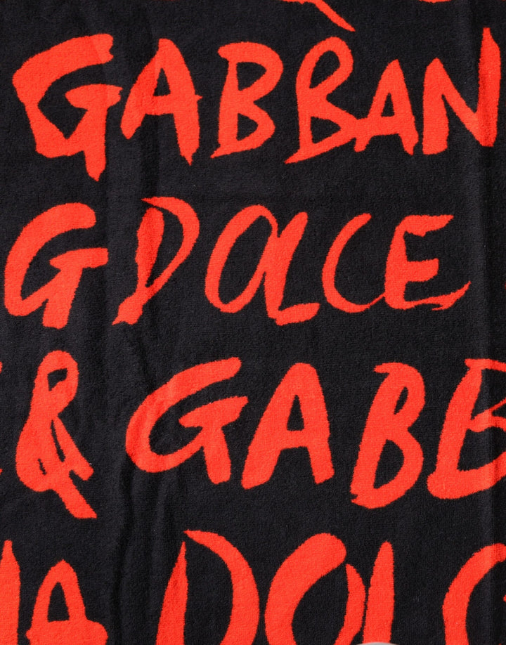 Dolce &amp; Gabbana Black Red Logo Print Cotton Beach Towel