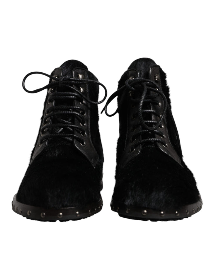 Dolce &amp; Gabbana Black Pony Style Leather Mid Calf Boots Shoes