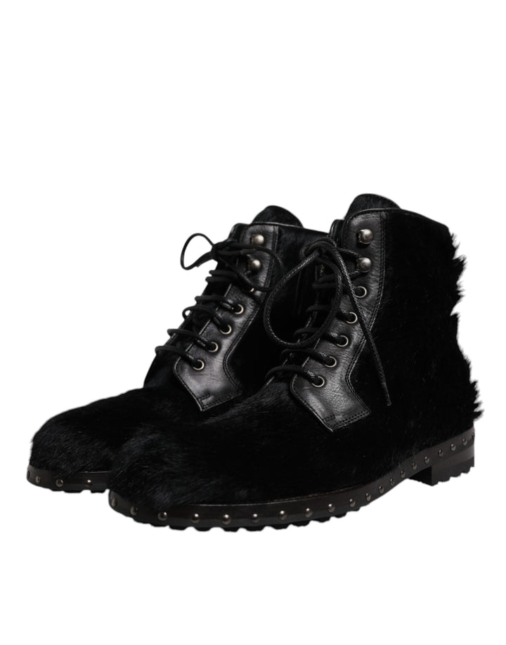 Dolce &amp; Gabbana Black Pony Style Leather Mid Calf Boots Shoes