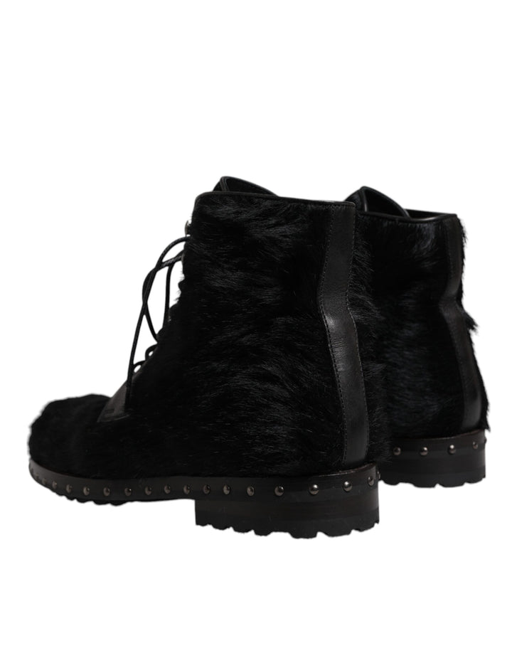 Dolce &amp; Gabbana Black Pony Style Leather Mid Calf Boots Shoes