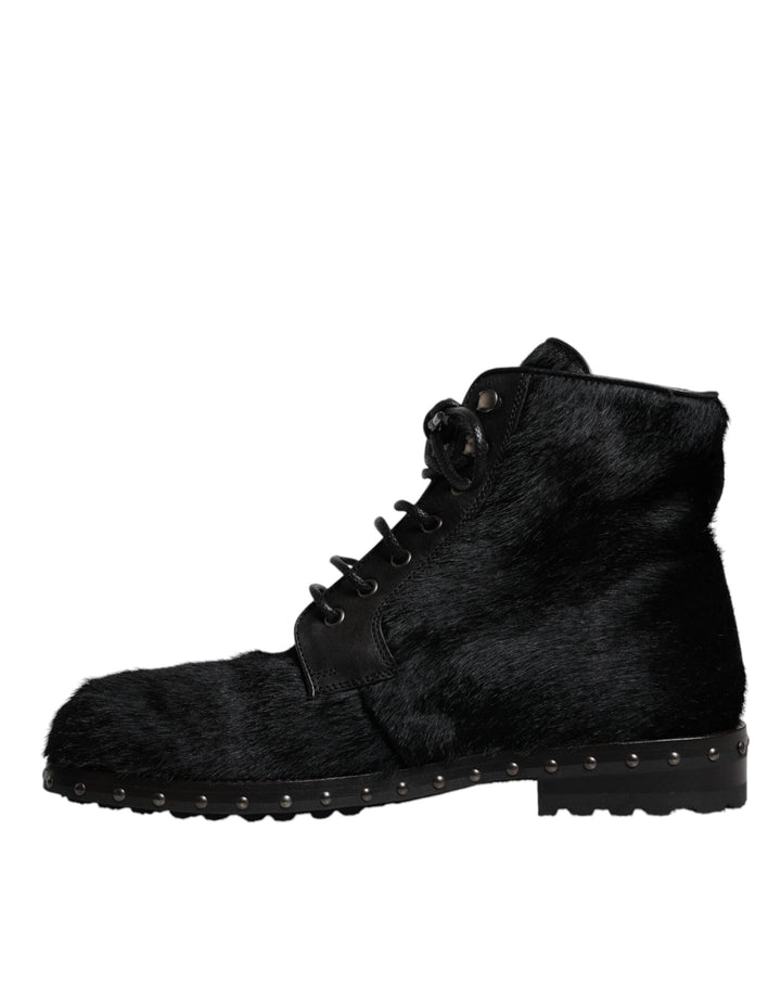 Dolce &amp; Gabbana Black Pony Style Leather Mid Calf Boots Shoes