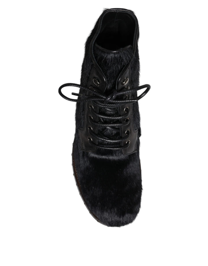 Dolce &amp; Gabbana Black Pony Style Leather Mid Calf Boots Shoes