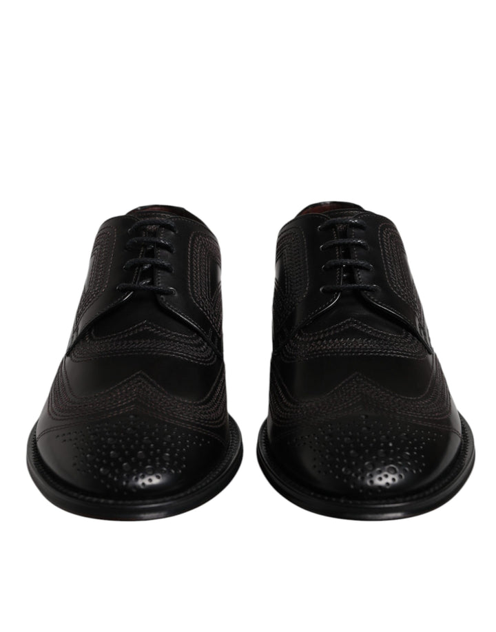 Dolce &amp; Gabbana Black Embroidered Classic Leather Derby Dress Shoes