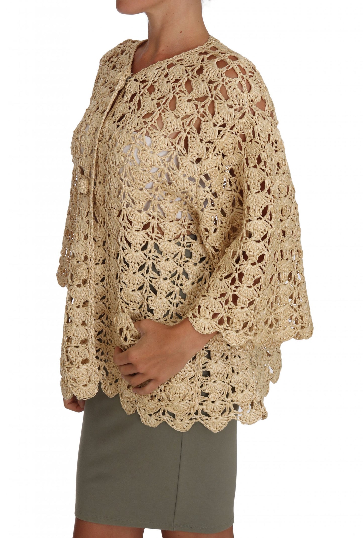 Dolce & Gabbana Beige Cardigan Crochet Knitted Raffia Sweater