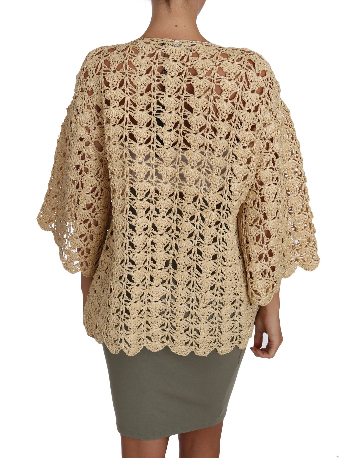 Dolce & Gabbana Beige Cardigan Crochet Knitted Raffia Sweater