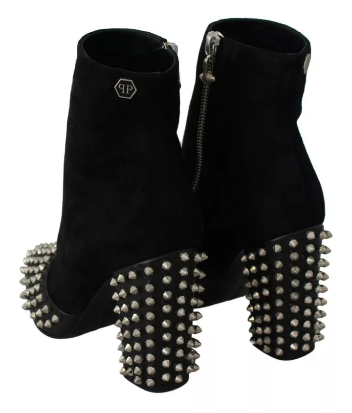 Philipp Plein Black Suede Studded Heels Ankle Boots Shoes