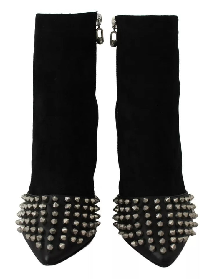 Philipp Plein Black Suede Studded Heels Ankle Boots Shoes