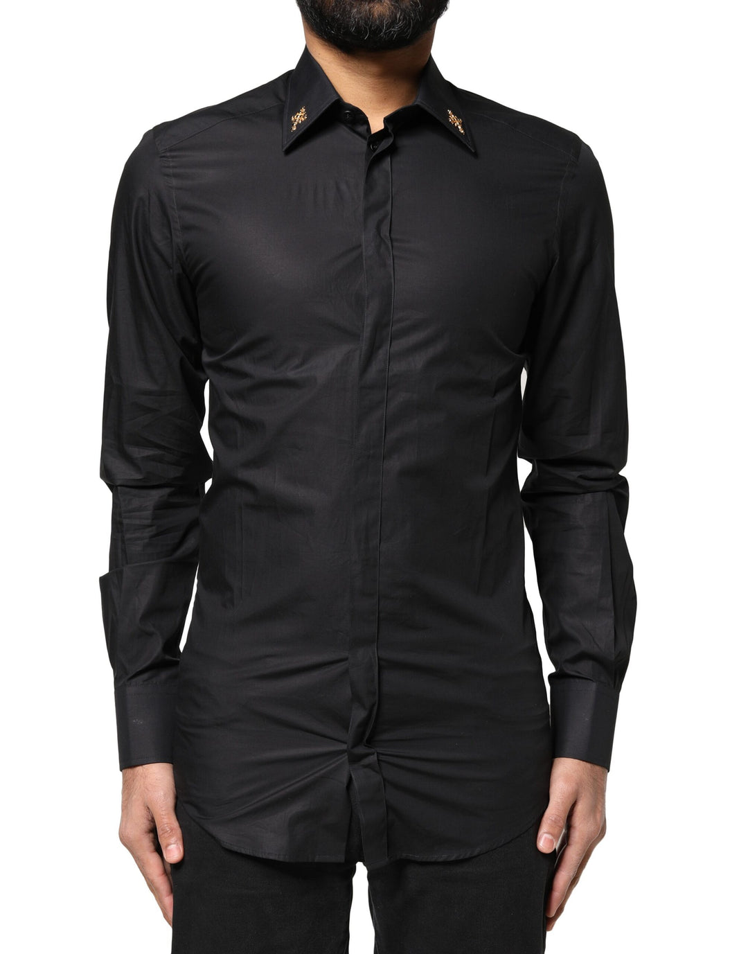 Dolce &amp; Gabbana Black GOLD Cross Embellished Men Dress Shirt