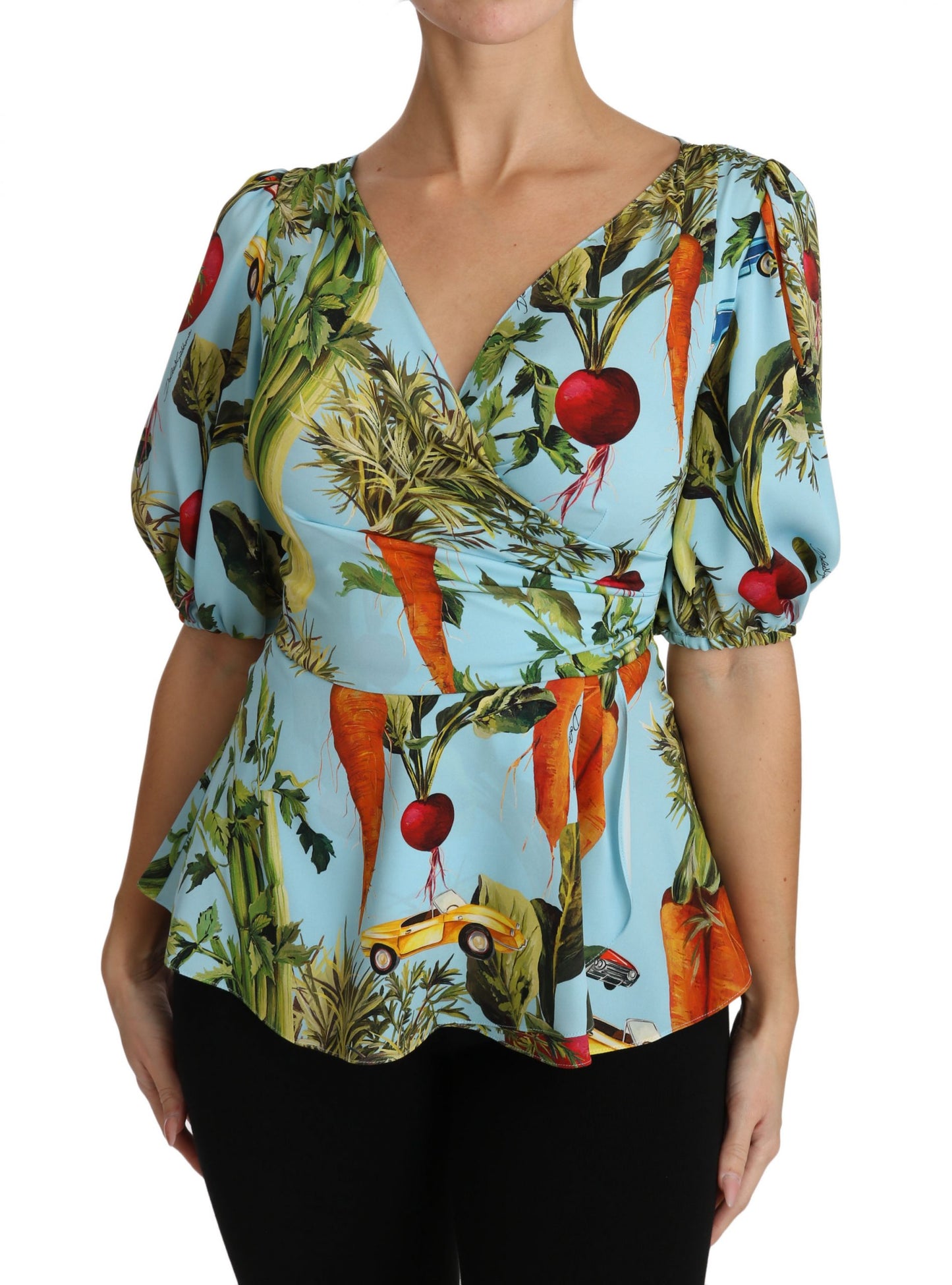 Dolce & Gabbana Multicolor Vegetable Print Silk Top Peplum Wrap Blouse