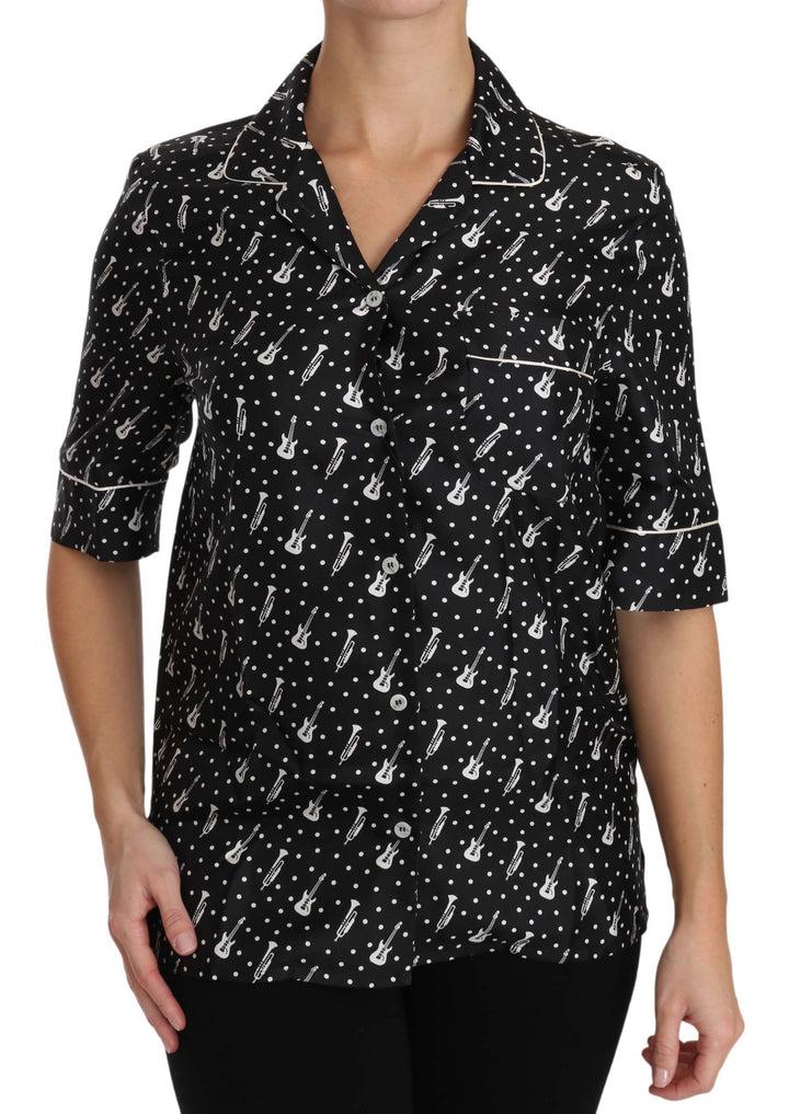 Dolce &amp; Gabbana Black GuitarTrumpet Print Silk Shirt Top