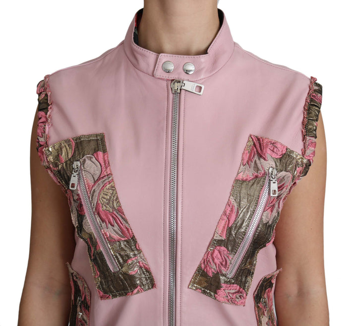 Dolce &amp; Gabbana Pink Zippered Lamb Sleeveless Vest Leather Jacket