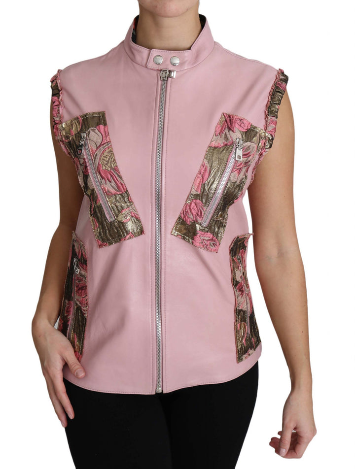 Dolce &amp; Gabbana Pink Zippered Lamb Sleeveless Vest Leather Jacket