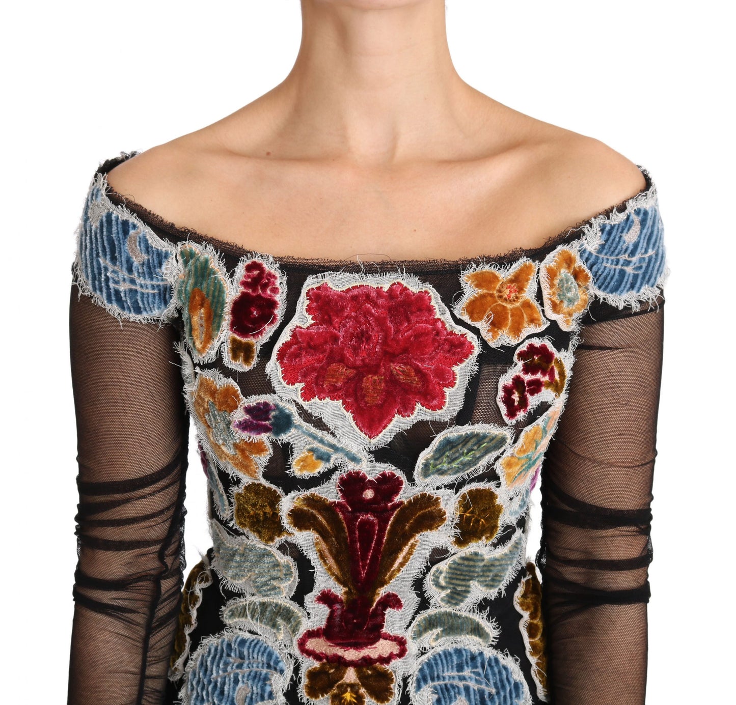 Vestido elegante de manga larga con estampado floral Ricamo de Dolce Gabbana